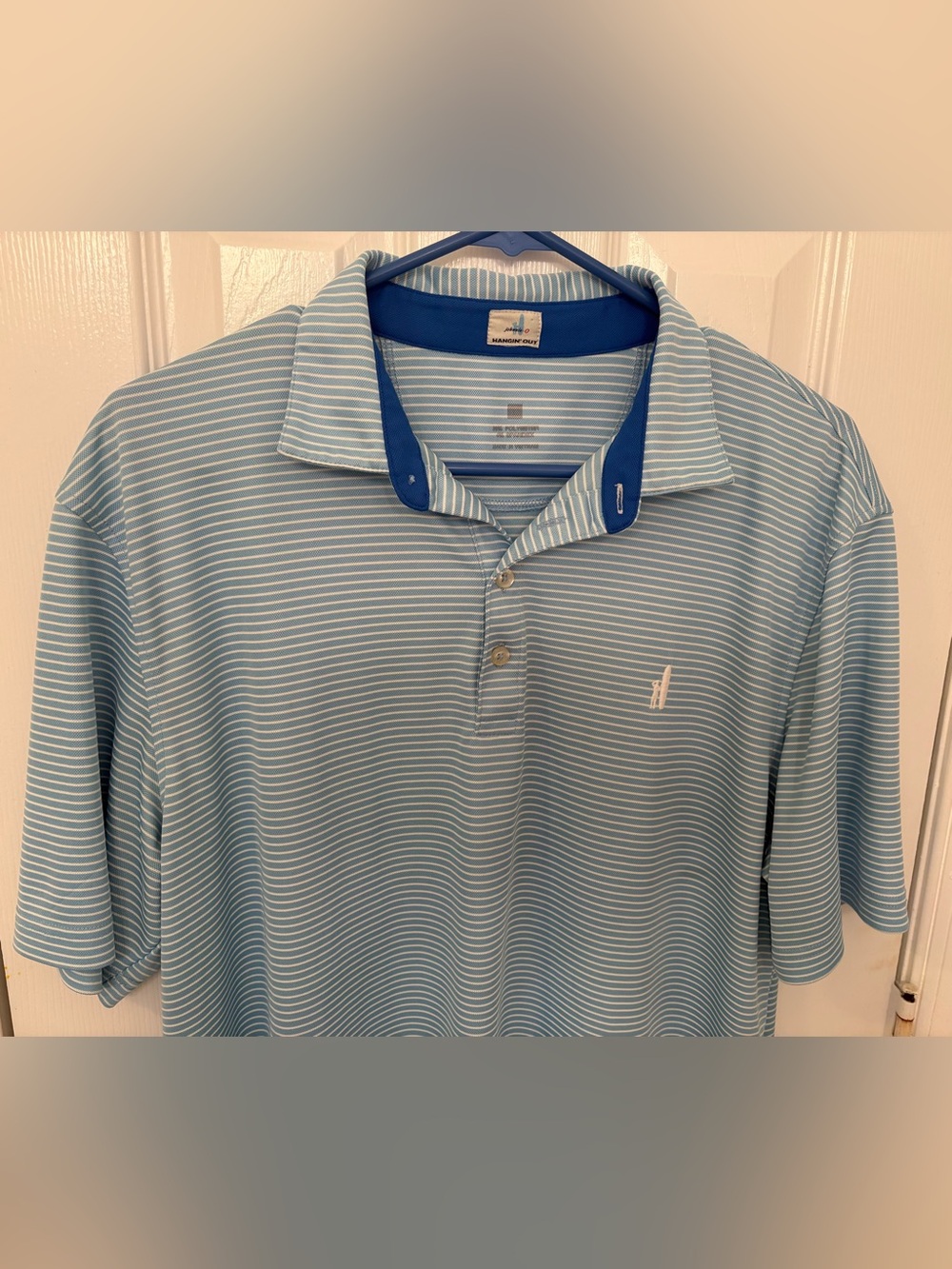 johnnie-O Light Blue and White Striped Polo with Blue Inner Collar